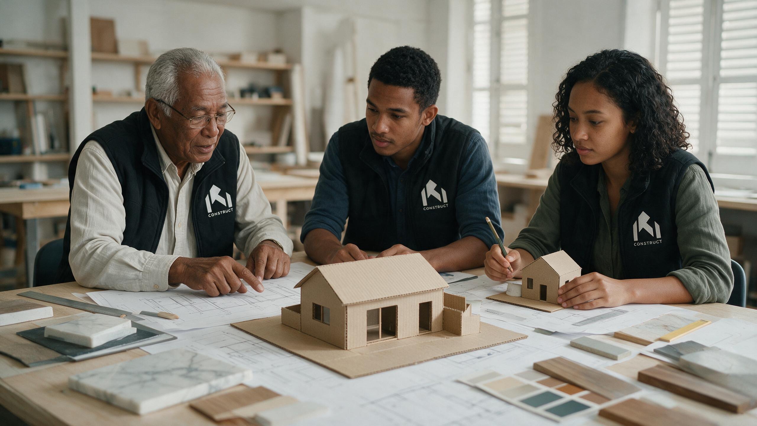 Équipe IRI CONSTRUCT étudiant une maquette et des plans de conception