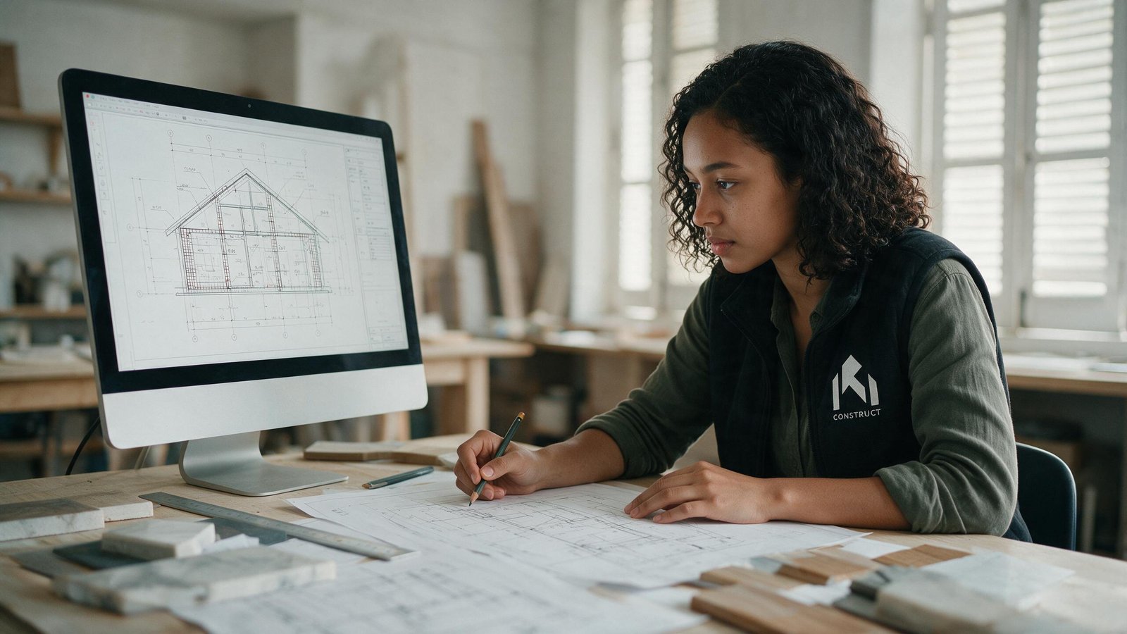 Architecte IRI CONSTRUCT au travail sur les plans détaillés d'un projet
